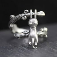 Dengmore Ring Creative Cat Climbing Tree Ring Girl Gift Cut Cat Finger Ring Silver