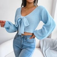 Пуловери за жени Дамски солидна V шия с дълъг ръкав оребрена плетена пуловер