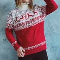 Обезпокоявана мода жени Дядо Коледа пуловер Червен принт Небрежен топъл плетен джъмпер Топс Пуловер Дълъг ръкав Кръгли пуловери за шия