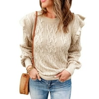 Пуловер жилетка мъже жени ежедневни пуловер Crewneck Ruffle рамо дълъг ръкав кабел плетен солиден разхлабен оребрен хем пуловер джъмпер горен цветя пуловер жилетка бежо?