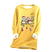Жълти тениски за жени Коледа жени печат плюс кадифе кръгла врата с дълъг ръкав памучен блуза пот
