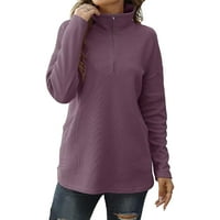 Жени квартални суичър с цип с дълъг ръкав огромен прорез страничен плетен пуловери пуловери с качулка жените лилаво xxl
