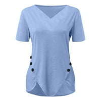 Дамски върхове с къс ръкав твърда блуза ежедневни жени летни ризи с V-образно деколте светло синьо xl