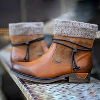 Жени FAU кожени кожени ботуши със средна тръба с нисък блок пета топла обувка за ботуши