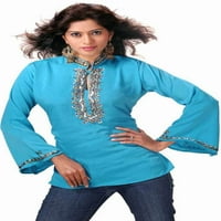 Индийски селекции-сини дълги ръкави Курти туника с дизайнерски мъниста-голям голям
