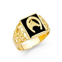 Солидна 14K жълто злато конска глава подкова пръстен черна бандата за късмет, стилна фантазия размер 9,5