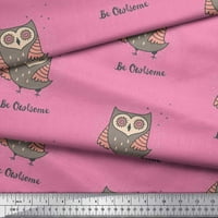 Soimoi Pink Japan Crepe Satin Text Text & Owl Bird Print Fabric край двора