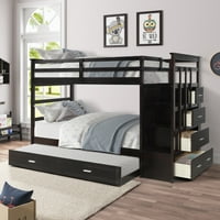 Bornmio Molid Wood Bunk Bed Hardwood Twin Over Twin двуетажно легло с Trundle и Staircase, естествен еспресо покритие