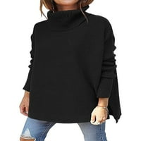 Капрез Жени пуловер страничен прорез джъмпер върховете на батинг ръкави плетен пуловери Плетене на пуловеричка костенурка Черен XL