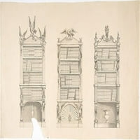 Дизайн за три книги с книги, украсени с орли и змии, другият с маски, пламъци и гротески печат от анонимен, британски, 19 век