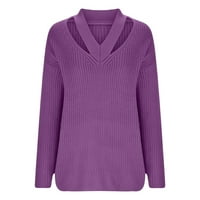 Големи пуловери за жени модерни модни жени ежедневни V-образни есенни пуловер блуза пилинг върхове лилави xxl