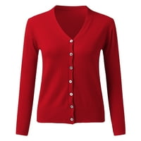 Дамски солиден бутон надолу с дълъг ръкав класически V Knit Knit Cardigan Sweater Женски жилетка Red M