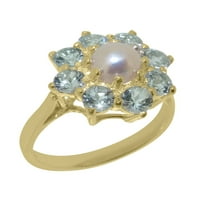 Британски направен традиционен твърд 10K жълт златен пръстен с култивирани перли и аквамарин женски пръстен за изявления - Опции за размер - размер 4.25