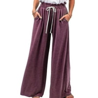 Винена мода жени Еластична талия Небрежно теглене Sla-Cks джобни панталони с висока талия на талията разхлабени панталони с широки крака