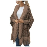 Fesfesfes жени фланелен яке модни ежедневни плетени леопардови печат руно яка пискюли пуловер с дълъг ръкав кардиган върхове в продажба