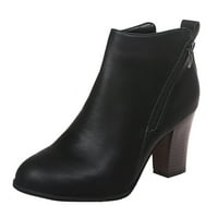 Honeeladyy ретро жени кожена квадратна пета с цип твърд цвят къси ботуши кръгли обувки за пръсти черни продажби