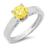 1. CT блестящ кръгъл крой симулиран жълт диамант 14k бяло злато пасианс с акценти пръстен SZ 7