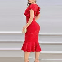 Женски рокли V-образни рокли с късо ръкав с къдри ръкави със средна дължина рокли червен m