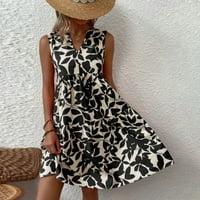 Женски рокли рокли без ръкави за жени с v-образна флорална щампа ежедневни летни летни женски рокли, черни, xl