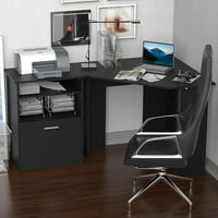 Компютърно бюро с шкаф за принтер, L-образен със съхранение, учебна работна станция за домашен офис, черно
