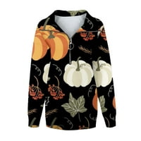 Дамски хелоуин тиквен принт с тениска с дълъг ръкав есенна ревера цип нагоре пуловер върхове есен небрежен леки суичъри черни c