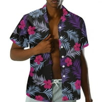 Мъжки ризи Мъжки хавайски флорални ризи с къса ръкав влага влага суха риза бутон надолу по тропическа празнична плажна риза тънък прилягане лилаво 4xl