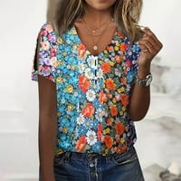 Дамски върхове блуза флорален къс ръкав ежедневни жени летни тениски на Хенли Сини L