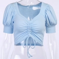 Блуза на Leylayray за жени жени модна v-образна солидна кратка ръкава върхове блуза тениска синя l
