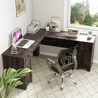 Tangkula L-образно бюро за офис с чекмеджета за съхранение и клавиатура Tray Home Office Corner Компютърно бюро с шкаф и вътрешна регулируема площадка за спестяване на пространство за писане на бюро за писане