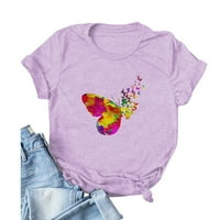 Дамски блузи женски случайни модни модни разхлабени кръгли пети с пеперуда с кръгла врата с къси ръкавици лилави m