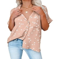 Glonme дамски върхове с къси ръкави ризи бутон надолу по блуза плаж удобна туника риза елегантна ревера шия розово m