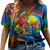 Voguele жени Tee v Neck Thrish Тениска флорална тениска на тениска работа летни върхове Небрежна туника блуза кралско синьо m
